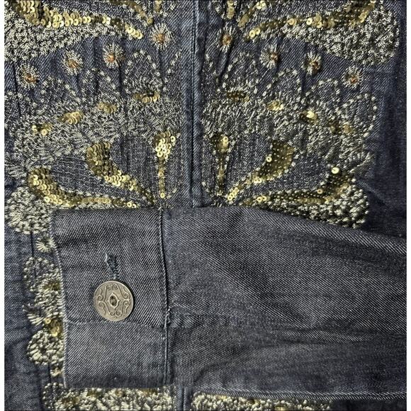 Chicos Embellished Denim Jacket Size 2 Gold Sequin Beaded Jean Western Glam Y2K - Picture 3 of 16